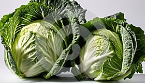 Two heads of cabbage sitting on a table