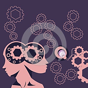 Two Heads With Cogs Showing Technology Ideas. Gears In Brain Symbols Design Displaying Mechanical And Technical Idea.