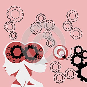 Two Heads With Cogs Showing Technology Ideas. Gears In Brain Symbols Design Displaying Mechanical And Technical Idea.