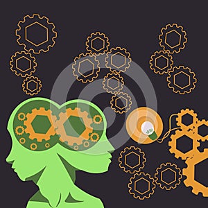 Two Heads With Cogs Showing Technology Ideas. Gears In Brain Symbols Design Displaying Mechanical And Technical Idea.