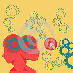 Two Heads With Cogs Showing Technology Ideas. Gears In Brain Symbols Design Displaying Mechanical And Technical Idea.