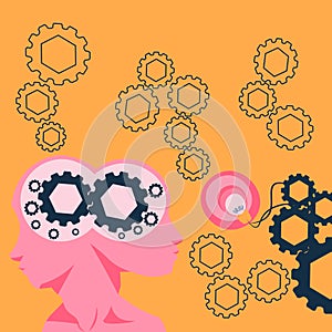 Two Heads With Cogs Showing Technology Ideas. Gears In Brain Symbols Design Displaying Mechanical And Technical Idea.