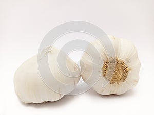 Two Heads of garlic on isolated white background, two fresh raw bulbs garlic put together, unpeeled garlic