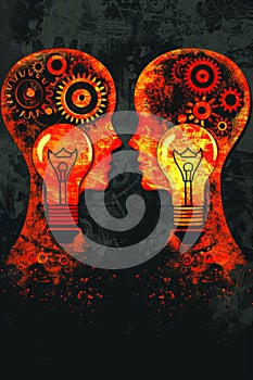 Two heads with gears and a light bulb inside of them, AI