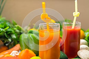 Two healthy vegetable smoothies in tall glasses