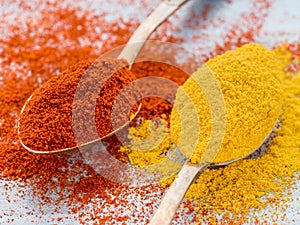 Two heaping scoops of spices of paprika powder and turmeric, cur