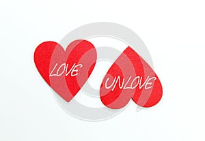 two heart forms with the words love and unlove