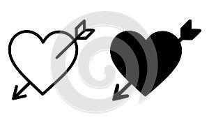 Icon for valentine, arrow and heart illustration, black and white, outline and silhouette versions