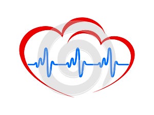 Two heart, pulse one line, cardiogram sign, heartbeat - vector