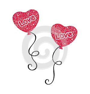 Two heart-shaped balloons with a red glitter texture, love inscription and curly ribbon for festive design