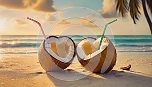 Two heart shaped coconut cocktails on a tropical beach with a view to the sunset above the ocean. Summer vacation seaside, holiday