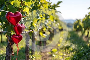 Two heart-shaped decorations are suspended from a vine in a picturesque vineyard, A romantic vineyard with red heart-shaped