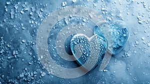 Two heart-shaped ice sculptures on a frosty blue background