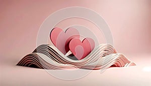 Two heart shapes emerge from undulating layers of paper on a soft pink background, symbolizing love.