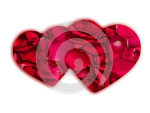 two heart shapes joined together from rose petals. concept of love dating  love confession and congratulations. copy space