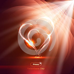 Two hearts on a bright background with rays, neon,