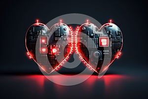 Two hearts connected with circuit board cyber network, love science