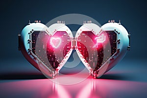 Two hearts connected with circuit board cyber network, love science