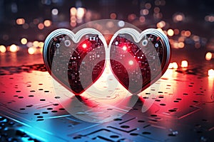 Two hearts connected with circuit board cyber network, love science