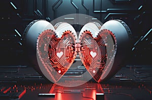 Two hearts connected with circuit board cyber network, love science