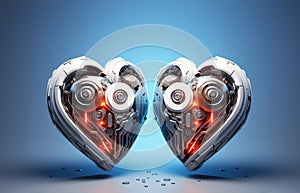 Two hearts connected with circuit board cyber network, love science