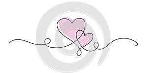 Two hearts continuous one line art drawing, valentines day concept, heart love couple outline artistic isolated vector