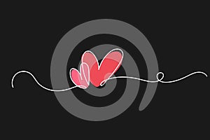 Two hearts continuous one line drawing on black background. Valentines Day trendy minimalist concept