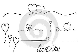 Two Hearts Continuous Set Line Drawing. Hearts Couple Trendy Minimalist Illustration. One Line Abstract Drawing. Love