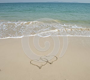 Two hearts drawn in beach