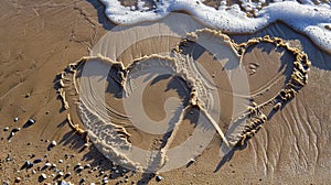 Two hearts drawn in the sand on a beach