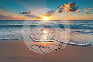 Two hearts drawn in the sand on a beach, symbolizing love and connection, A beautiful sunrise over a peaceful beach, with hearts