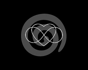 Two hearts and endless loop symbol logo. Infinity love logotype. Valentine and relationship vector sign icon.