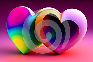 Two hearts fluorescent colors that merge to form a single piece. 14th of Feb Valentine`s day party. Concept fusion of love.