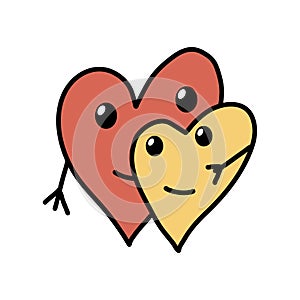 Two hearts hugging vector doodle illustration