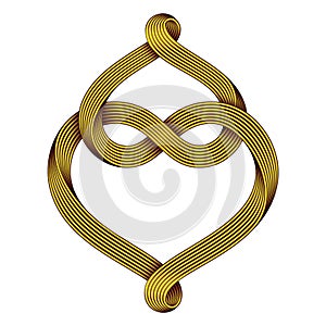 Two hearts intertwine forming an infinity sign made of golden mobius strips. Symbol of eternal love. Vector illustration