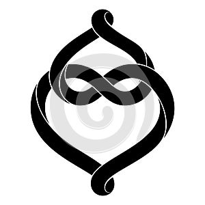 Two hearts intertwine forming an infinity sign made of ntertwined mobius stripe. Stylized symbol of eternal love for tattoo design