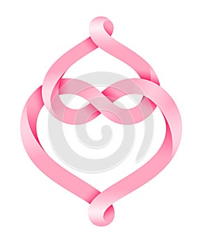 Two hearts intertwine forming an infinity sign made of pink mobius stripe. Symbol of eternal love