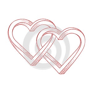 Two hearts intertwined on white background. Optical illusion of