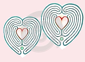 Two hearts Labyrinths. Alchemy of life. Light background