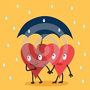 Two hearts in love under umbrella holding for hands on rainy day