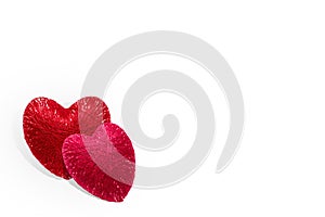 Two hearts made of threads isolated on white background. Valentine`s day greeting card. Love, romance and family concept