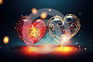 Two hearts ornament with glowing warm light inside. Valentines day theme