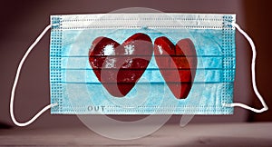 Two hearts painted on prorective medical mask in coronavirus time. Other Valentine`s Day in 2021. Difference concept. Romance and
