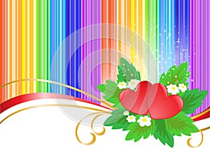 Two hearts on rainbow background