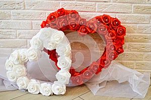 Two hearts. Red and white hearts with a pattern of roses with rh