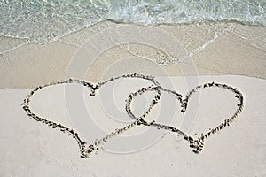 Two hearts in the sand beach