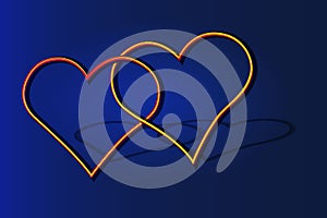 Two hearts sign. Vector. Blue gradient contour icon at grayish background with light in center.