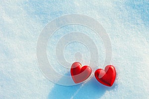 Two Hearts in the Snow. Love, Valentine`s Day