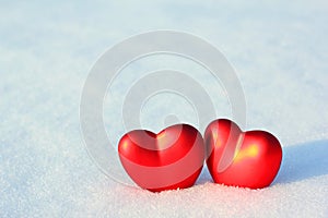 Two Hearts in the Snow. Love, Valentine`s Day