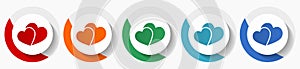 Two hearts, valentines day vector icon set, flat icons for logo design, webdesign and mobile applications, colorful round buttons